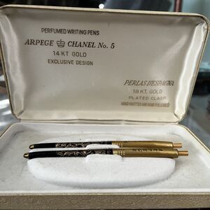 Vintage Chanel No. 5 Arpege 14kt Gold Filigree Ballpoint 2 Pen Set Writing